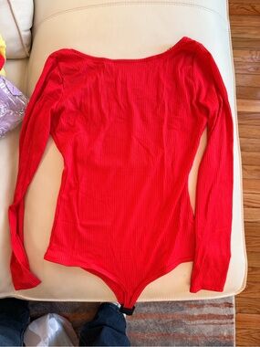 Red Ribbed Open Back Bodysuit with Gold Chain Detail